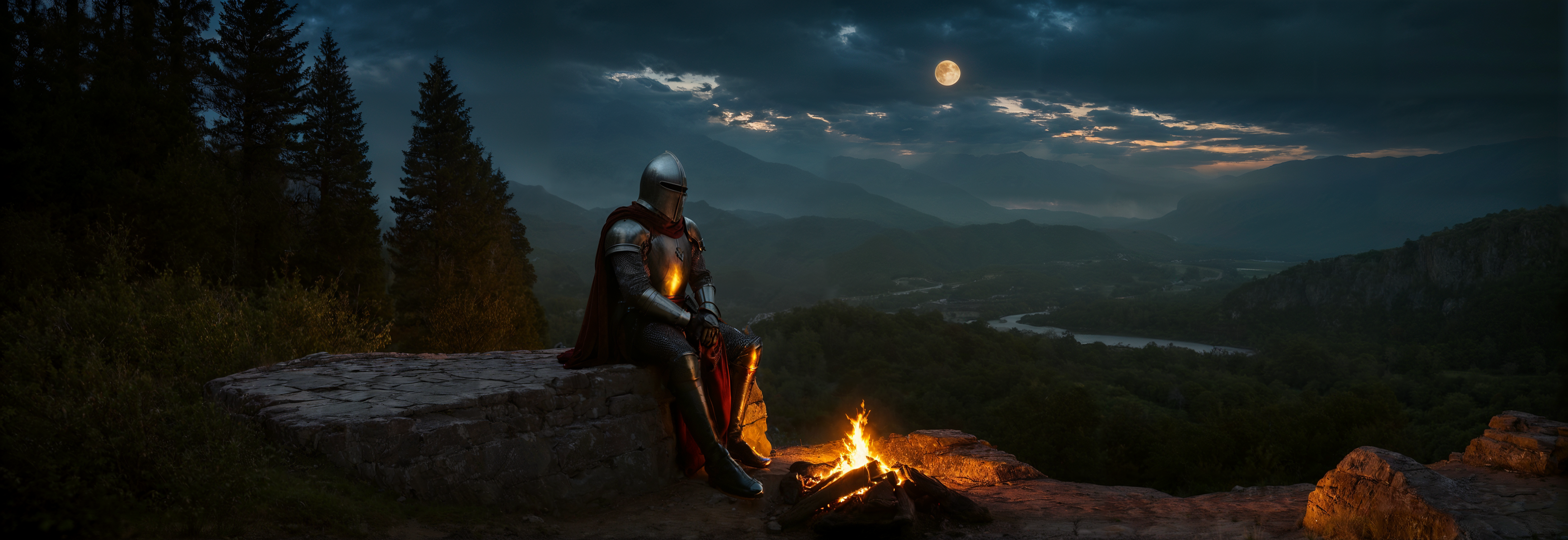 In-game screenshot of a knight standing in a dark forest, showcasing fully dynamic GI and volumetric lighting.